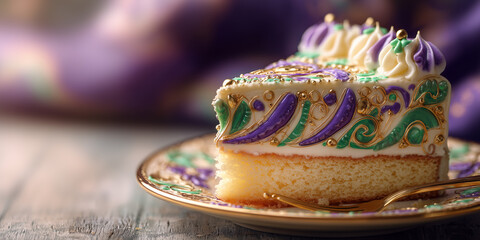 Ornate king cake slice with vibrant purple, green, and gold decorations, presented on an elegant matching plate