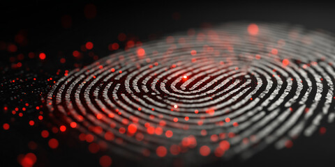 Digital fingerprint graphic with glowing red particles symbolizing biometric security, data protection, and identity verification