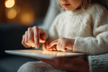 Parent teaching young kid using a touchscreen tablet. Online education, internet safety, and digital learning concept