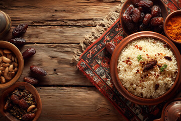 Traditional middle eastern meal featuring fluffy rice, sweet dates, and savory nuts on a rustic wooden table
