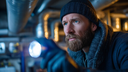 Faceless man inspecting ventilation system using flashlight, maintenance work demonstration, professional environment, HVAC inspection scene, with copy space