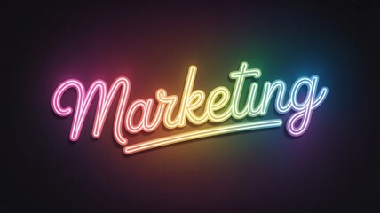 Obraz premium Vibrant neon marketing sign with multicolored script on dark background for business promotion and advertising with branding and commerce and trade and sales and logo