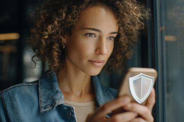 Young woman focused on her smartphone screen, a shield icon symbolizing digital privacy, security, and data protection
