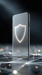 Smartphone displaying abstract shield icon, symbolizing digital security and internet protection in a futuristic web environment