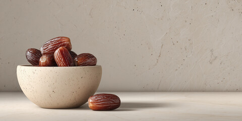 Sweet dates filling stone bowl, one date resting on surface against textured wall, offering healthy snack and fasting food