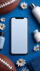 Phone mockup displaying a blank screen, surrounded by footballs, daisies, and cosmetic bottles on a blue background
