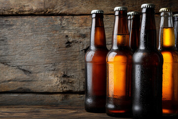 Chilled beer bottles with condensation standing on a rustic wooden table, offering excellent copy space for design