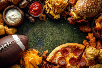 Appetizers and fast food surrounding a blank green grass area, perfect for gameday celebrations and sports viewing parties