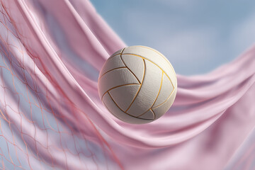 Volleyball floating with pink fabric and net background
