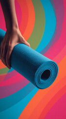Hand holding yoga mat on colorful background