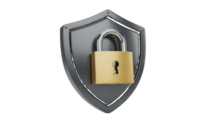 Golden Padlock Secured on Silver Shield isolated on a transparent background security protection