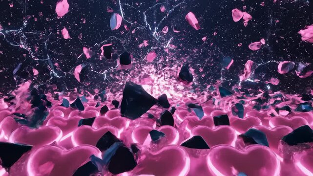 Hearts Cluster and Shatter Under Impact in Romantic 3d Animation