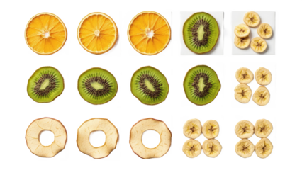 Colorful Fruit Slices Kiwi Orange Apple Banana Arranged on White Plate Sprinkled Sugar Vibrant Food Display.png