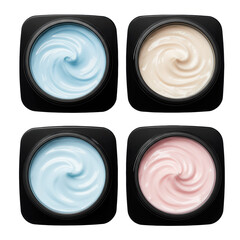 Four open matte black square cosmetic cream jars with light blue, white, beige, pink creams in a grid on a transparent background with copy space, product photography, concept for beauty skincare