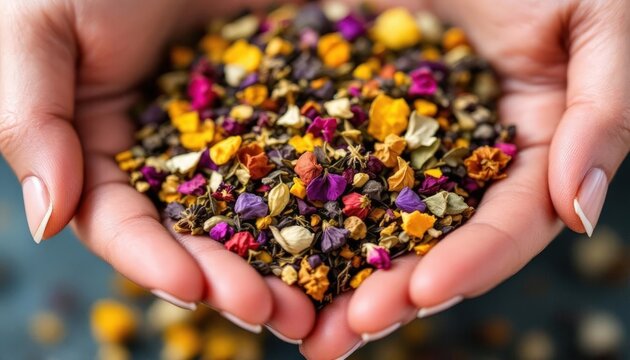 macro close-up of hands holding colorful dried tea flowers and herbs. concept of tea herbs and flowers, and the artisanal care behind selecting tea blends