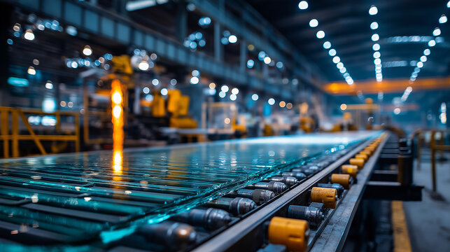 Glass manufacturing process industrial factory production line, construction site wide angle, efficiency in raw material handling, facility operations, with copy space