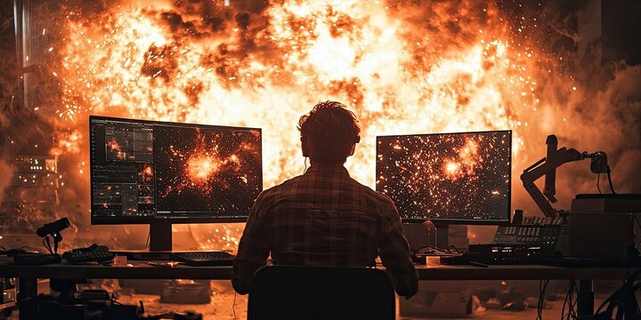 Person at workstation with multiple monitors displaying simulated space explosion in digital environment. Generative by AI. - Powered by Adobe