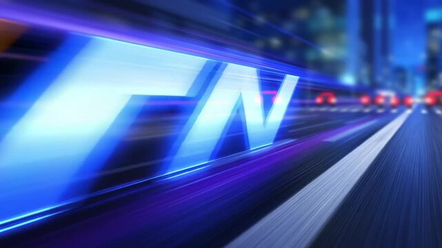 Futuristic neon highway in a cyber city as glowing yellow AI letters sweep past on a digital wall. Camera races forward. blue and purple light trails stretch, flare, and blur with speed.