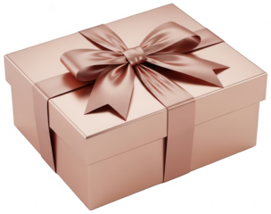 Rose gold metallic gift box with silk ribbon bow over checker background