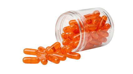 Orange Gel Capsules Spilling from Clear Plastic Bottle isolated on a transparent background