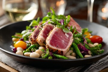 Seared tuna slices with vegetables and beans on black plate
