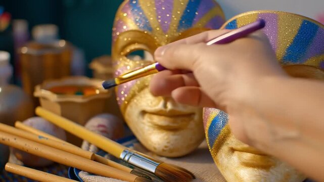 Close-up of artisan hand painting glitter carnival mask on worktable, brush glides across gold face as colors build. Second mask rests behind while tools shift in warm studio light.