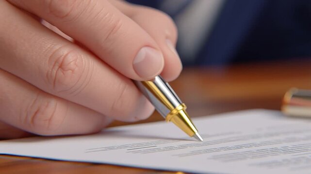 Close-up of a hand holding a gold pen on office desk over a printed contract, pen tip touches paper, writes a steady signature stroke, hand slides forward, then lifts after signing.