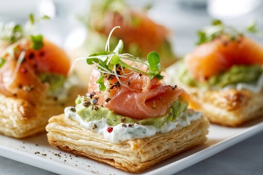 Gourmet smoked salmon puff pastry with cream and microgreens