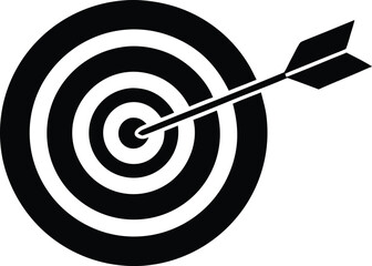 Minimalist black logo icon of a target with dart hitting center, goal achievement concept silhouette vector illustrations