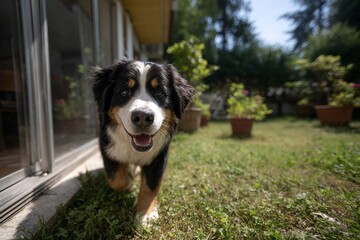 Happy Bernese Mountain Dog Walking Outside in Backyard