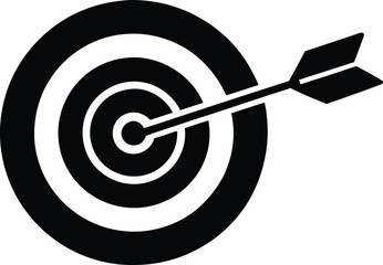 Minimalist black logo icon of a target with dart hitting center, goal achievement concept silhouette vector illustrations