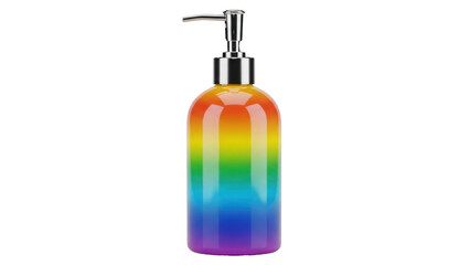 Rainbow colored liquid soap dispenser with chrome pump isolated on a transparent background 