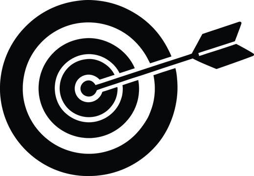 Minimalist black logo icon of a target with dart hitting center, goal achievement concept silhouette vector illustrations