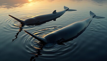 Rare Pygmy Sperm Whales surfacing at calm sunset