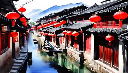 Traditional Chinese Water Town with Red Lanterns