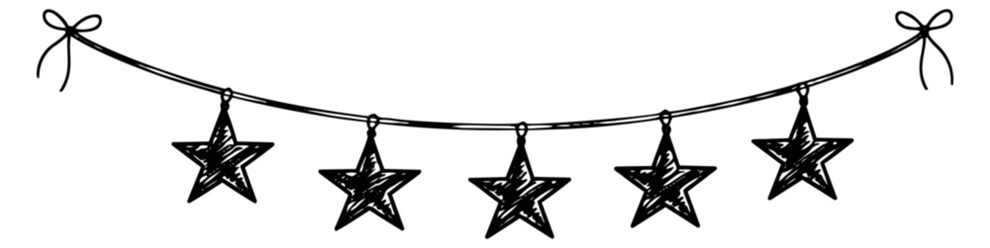 Hand drawn line art star garland set featuring five stars and bows for party decoration
