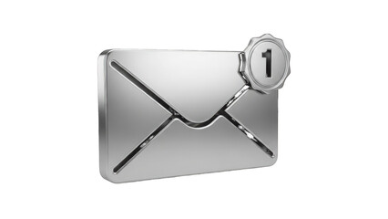 Silver Envelope with Notification Badge Showing Number One isolated on a transparent background