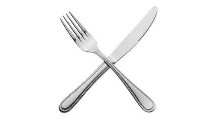 Silver fork and knife crossed on a dark surface isolated on a transparent background cutlery