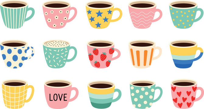 Set of cute colorful coffee mugs with different patterns, hand drawn flat vector illustration of tea cups