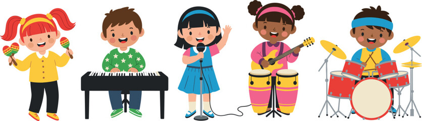 Set of cute diverse children playing musical instruments, happy kids band flat vector illustration