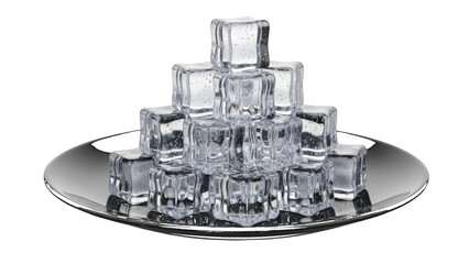 Stacked clear ice cubes on a reflective silver plate isolated on a transparent background pyramid