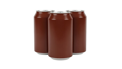 Three brown aluminum beverage cans with silver tops isolated on a transparent background aluminum cans