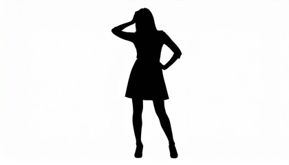Black silhouette of a woman standing with hand on head feeling confused and overwhelmed, concept of business failure, trouble and decision making