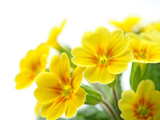 Fototapeta premium Vibrant yellow primrose flowers against a clean white background