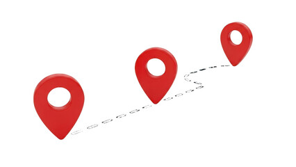 Three red map pins connected by dashed line path isolated on a transparent background location marker