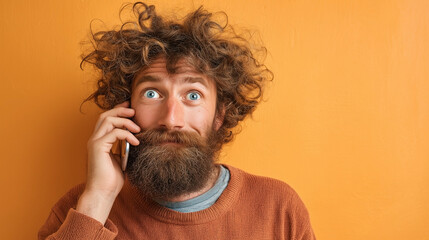 A man with a beard is talking on a cell phone