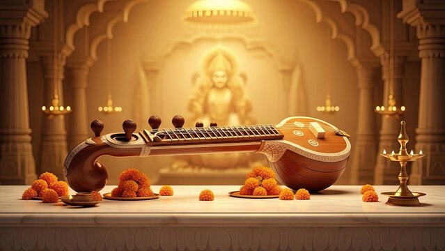 Serene veena on altar with marigold flowers in temple