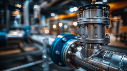 Close-up view of industrial pipes and valves, metallic textures and precision engineering, modern facility equipment, technical infrastructure detail, with copy space