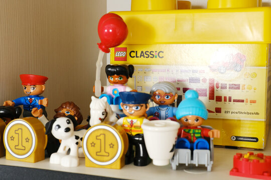 Minsk, Belarus - September 10, 2025: Colorful LEGO Classic set featuring diverse characters and playful accessories, showcasing creativity and fun in a vibrant play environment