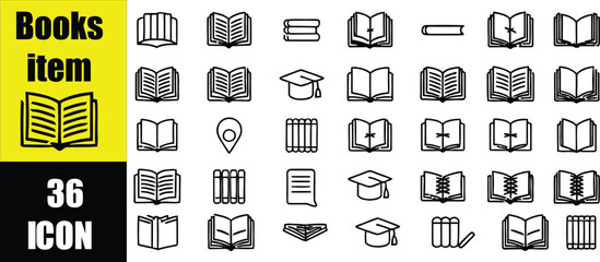 Collection of 36 book and item icons in various styles